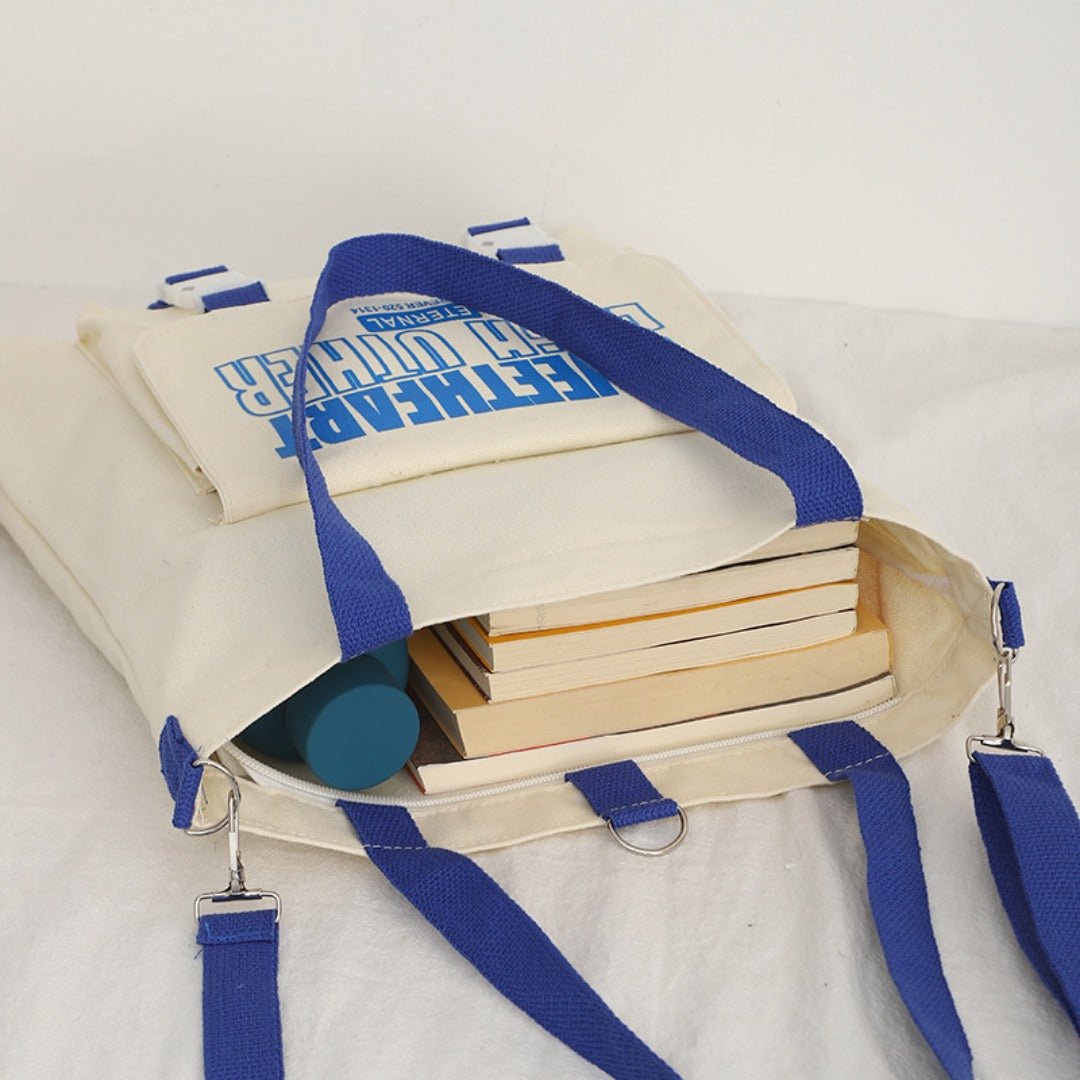 Carry letter pattern printed canvas bag, student shoulder canvas bag, shopping bag with zipper, tote canvas bag - WIVAStore