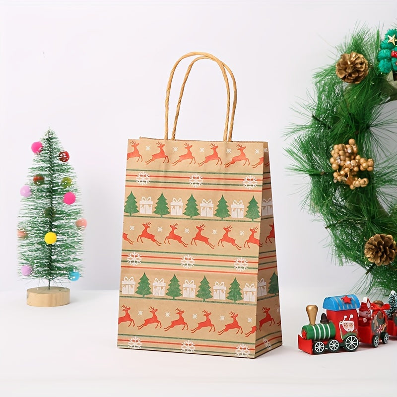 Christmas Kraft Gift Bags - 12 Pack Cartoon Holiday Paper Tote Bags