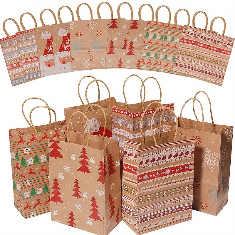 Christmas Kraft Gift Bags - 12 Pack Cartoon Holiday Paper Tote Bags