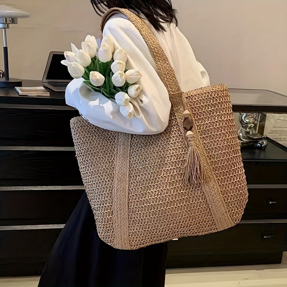 Elegant Straw Shoulder Bag – Women’s Premium Large Beach Tote, Commuter Woven Purse - WIVAStore