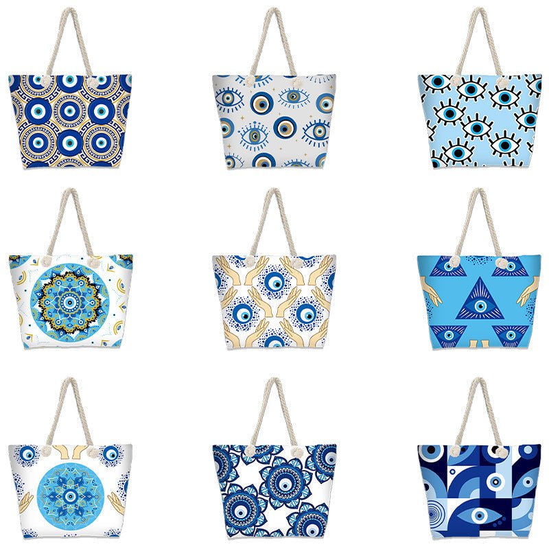 Evil Eye Beach Bag – Portable Travel Handheld Tote, Casual Shoulder Purse, Large Vacation Shopper - WIVAStore