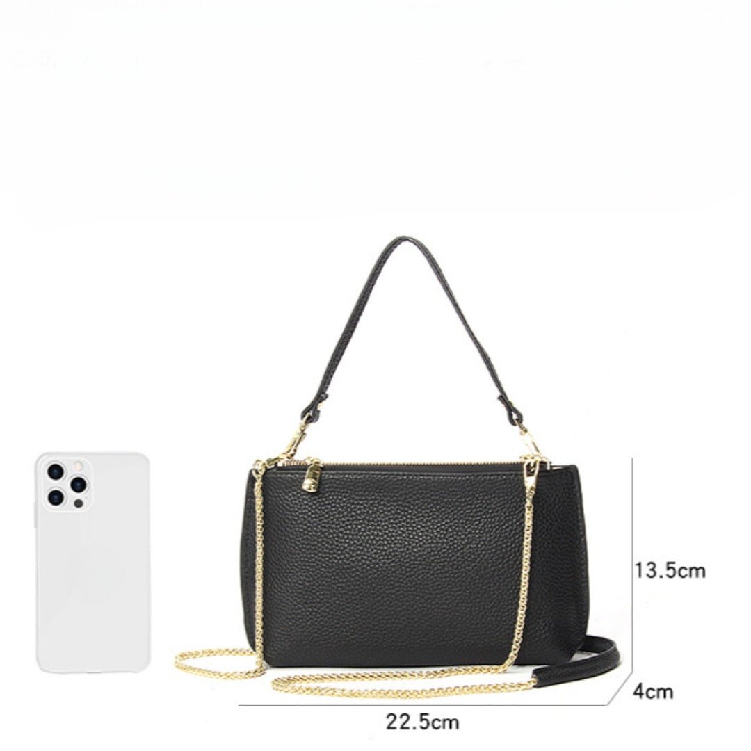 Genuine Leather simple shoulder bag women, stylish large capacity bag, tote purse double zipper, leather chain bag - WIVAStore