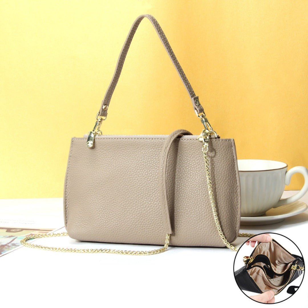 Genuine Leather simple shoulder bag women, stylish large capacity bag, tote purse double zipper, leather chain bag - WIVAStore