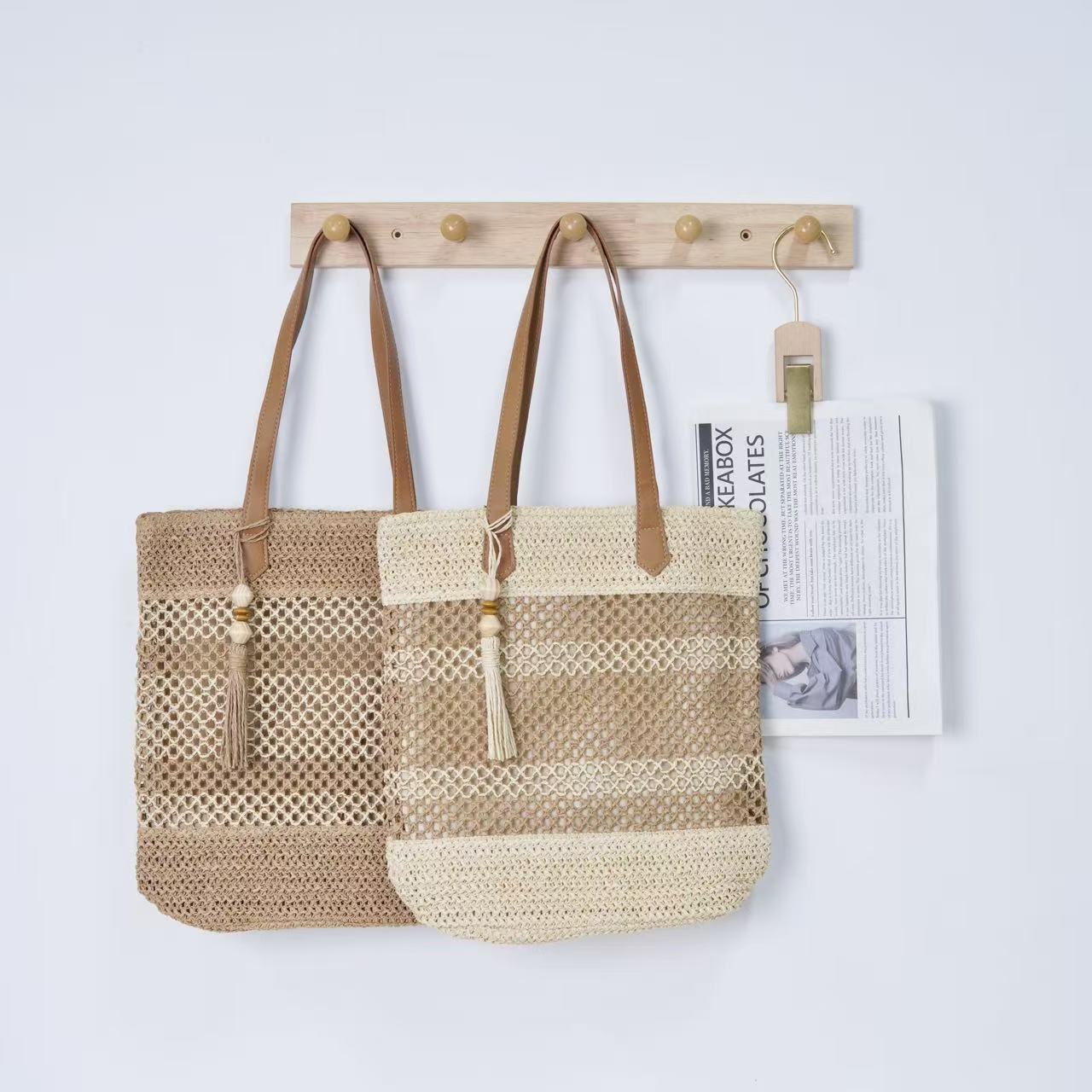 Hollow - Out Color - Block Fringe Woven Bag – Designer Straw Beach Tote, Large Vacation Shoulder Purse - WIVAStore
