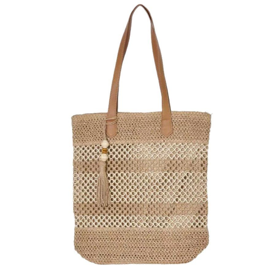 Hollow - Out Color - Block Fringe Woven Bag – Designer Straw Beach Tote, Large Vacation Shoulder Purse - WIVAStore