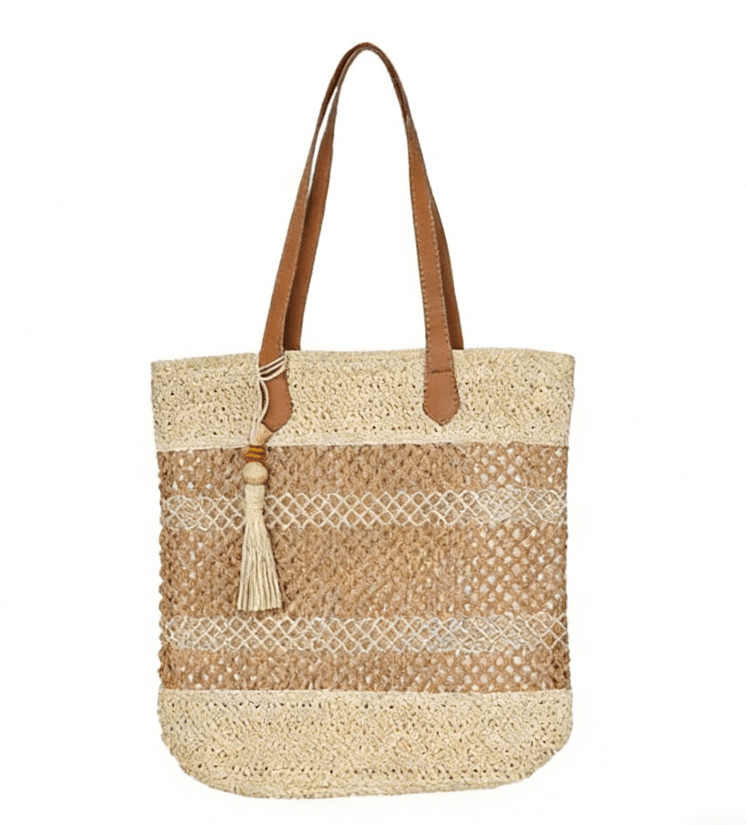 Hollow - Out Color - Block Fringe Woven Bag – Designer Straw Beach Tote, Large Vacation Shoulder Purse - WIVAStore