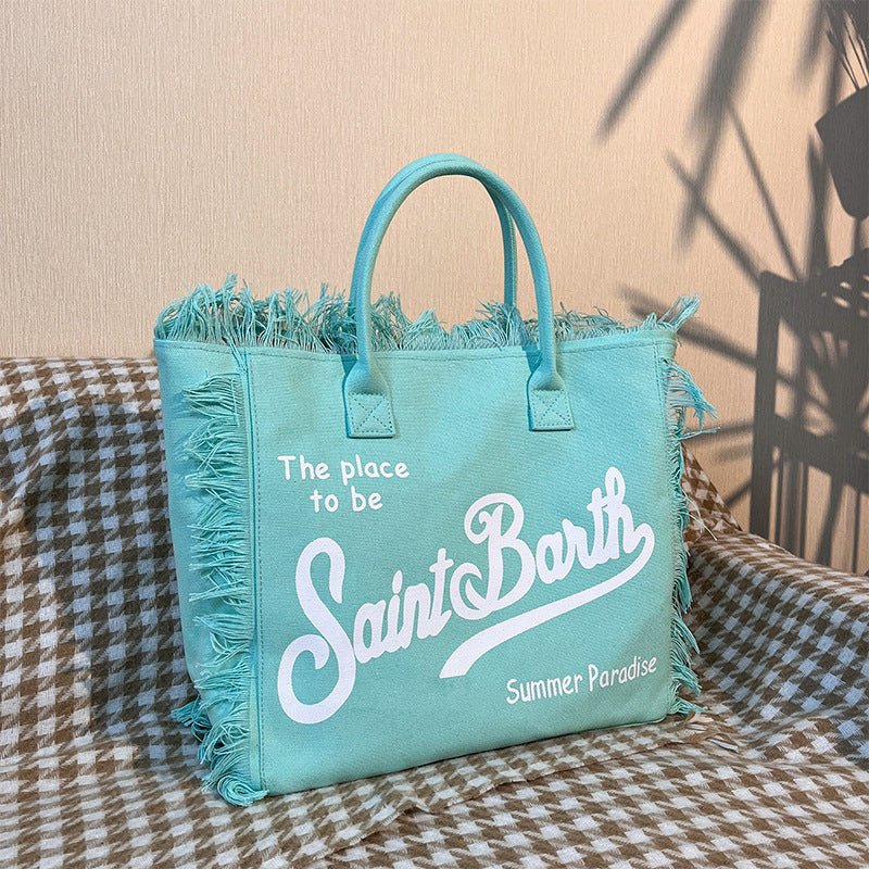 Large Beach Shoulder Commuter Tote – Handmade Fringe Denim Printed Bag, Casual Travel Shopper - WIVAStore