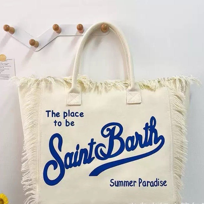 Large Beach Shoulder Commuter Tote – Handmade Fringe Denim Printed Bag, Casual Travel Shopper - WIVAStore