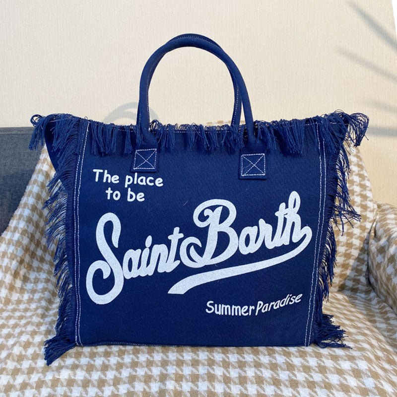 Large Beach Shoulder Commuter Tote – Handmade Fringe Denim Printed Bag, Casual Travel Shopper - WIVAStore