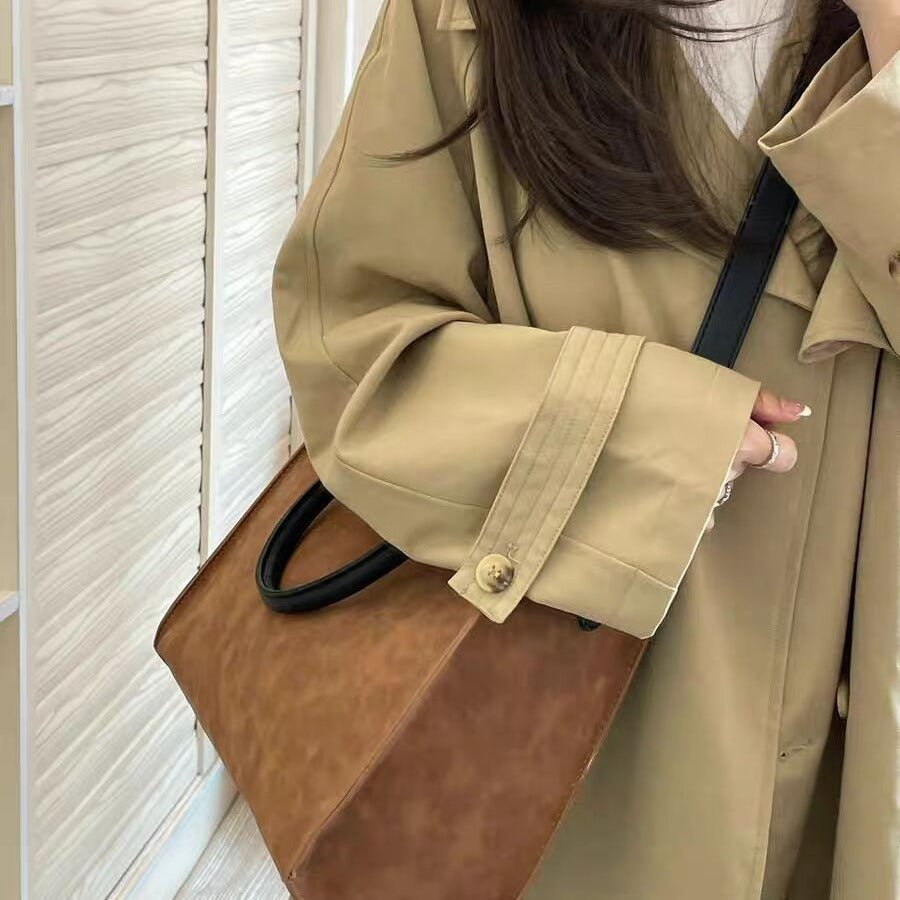 Large tote bag, matte suede tote bag, top handle bag, commuter shoulder bag - WIVAStore