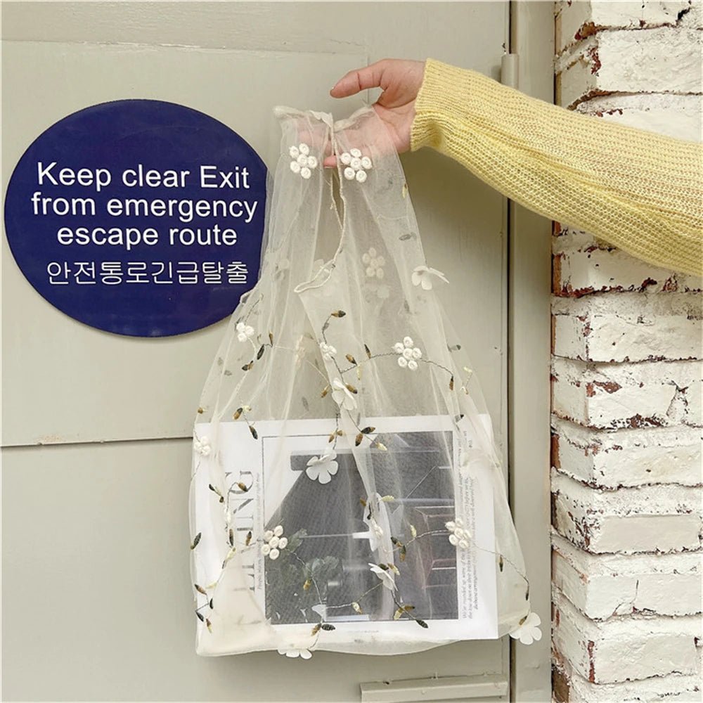 Lightweight Organza Tote Bag with Embroidered Floral Design - WIVAStore