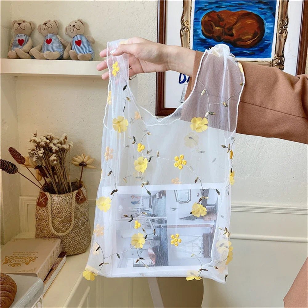 Lightweight Organza Tote Bag with Embroidered Floral Design - WIVAStore