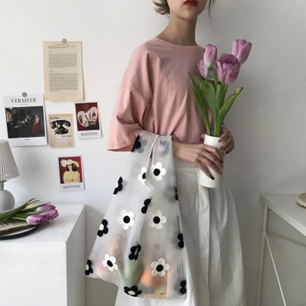 Lightweight Organza Tote Bag with Embroidered Floral Design - WIVAStore