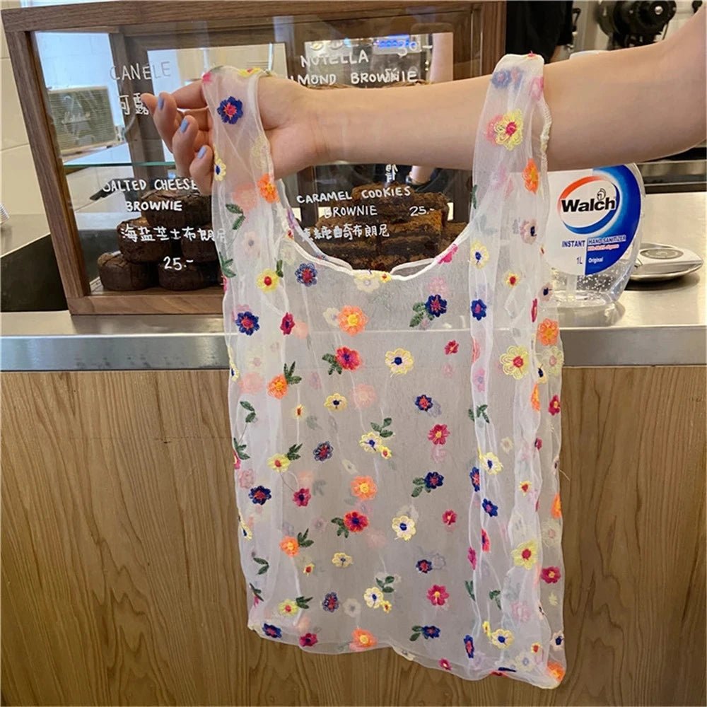 Lightweight Organza Tote Bag with Embroidered Floral Design - WIVAStore