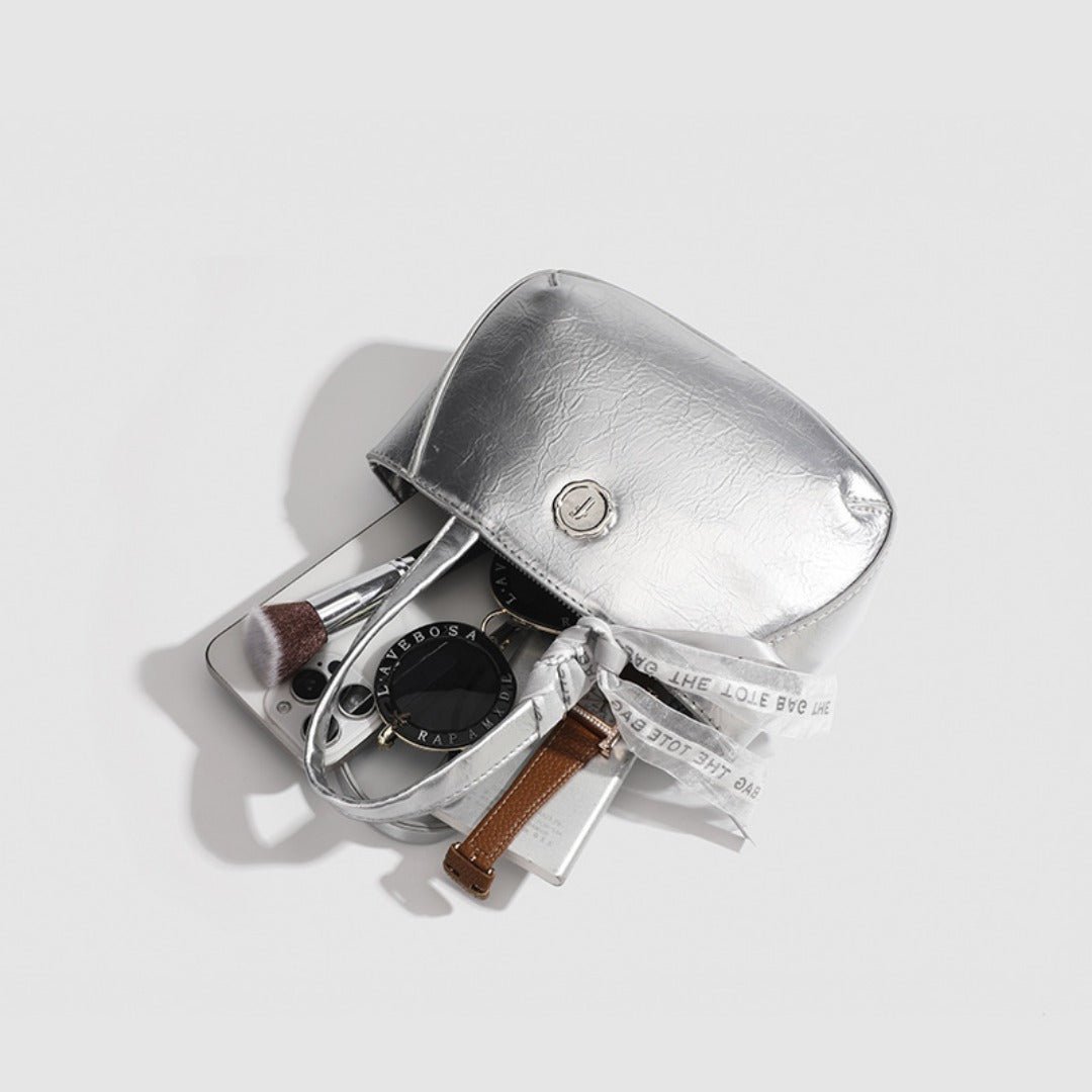 Metallic small tote bag, small handbag ladies, fashionable silver square bag, versatile shoulder Crossbody bag - WIVAStore