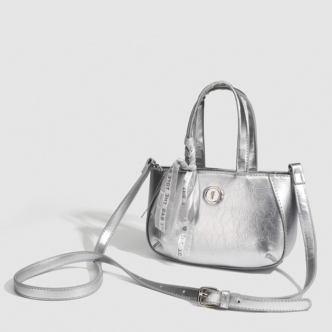 Metallic small tote bag, small handbag ladies, fashionable silver square bag, versatile shoulder Crossbody bag - WIVAStore