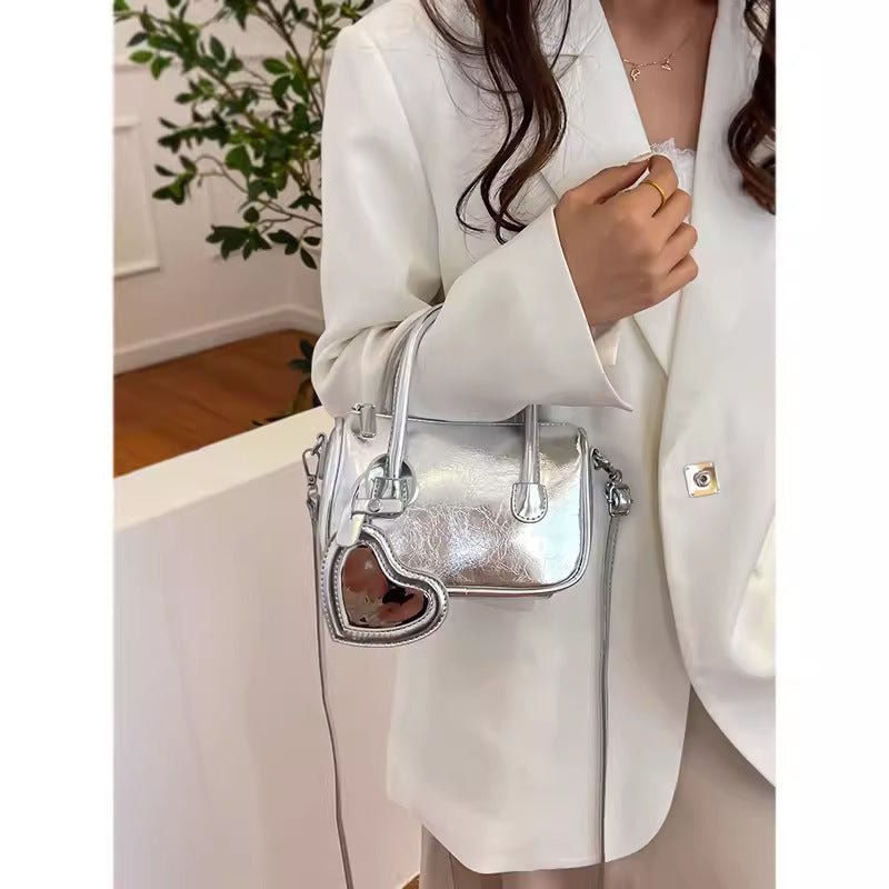 Mini tote handbag silver, women's summer shoulder crossbody bag, versatile love small square bag, mini top handle purse - WIVAStore