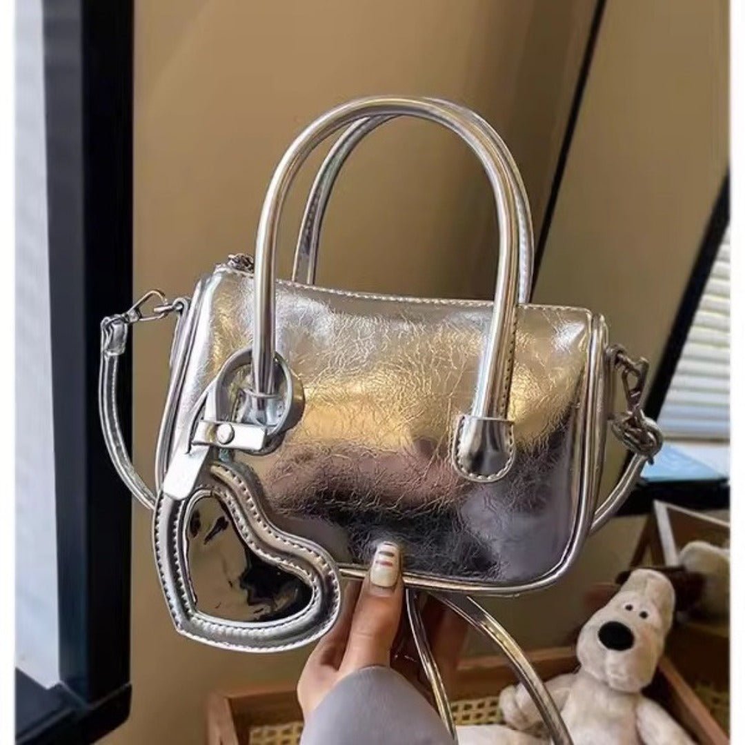 Mini tote handbag silver, women's summer shoulder crossbody bag, versatile love small square bag, mini top handle purse - WIVAStore