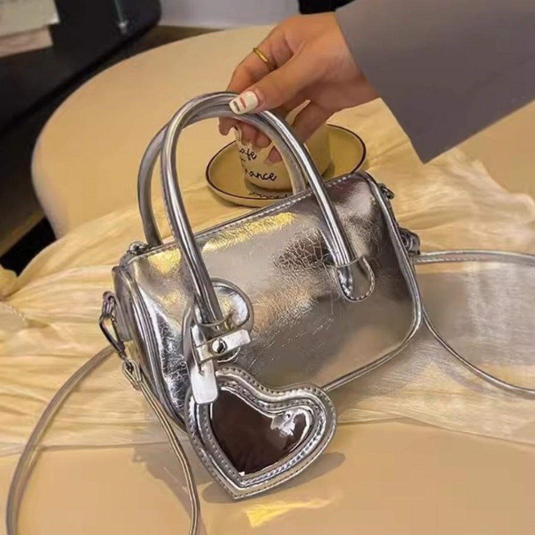 Mini tote handbag silver, women's summer shoulder crossbody bag, versatile love small square bag, mini top handle purse - WIVAStore