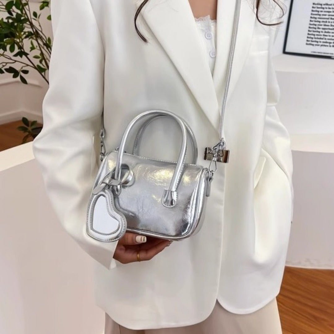 Mini tote handbag silver, women's summer shoulder crossbody bag, versatile love small square bag, mini top handle purse - WIVAStore
