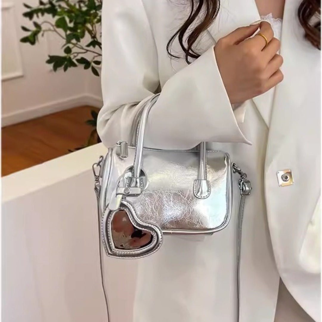 Mini tote handbag silver, women's summer shoulder crossbody bag, versatile love small square bag, mini top handle purse - WIVAStore