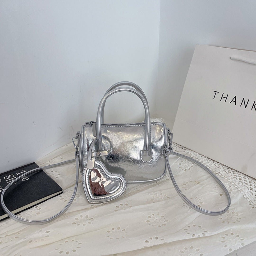 Mini tote handbag silver, women's summer shoulder crossbody bag, versatile love small square bag, mini top handle purse - WIVAStore
