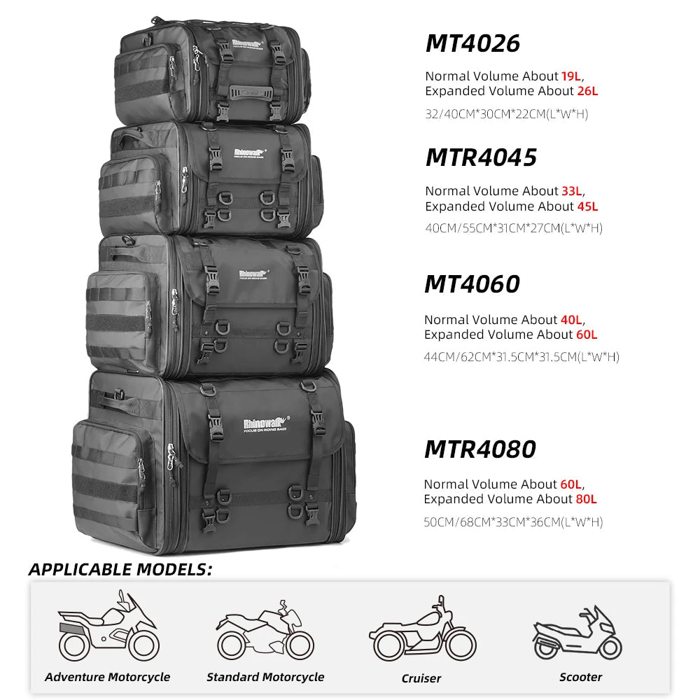 Rhinowalk Motor Tail Bag Waterproof 19L - 80L Expandable Big Capacity Motorcycle Back Seat Saddlebag Pannier - WIVAStore