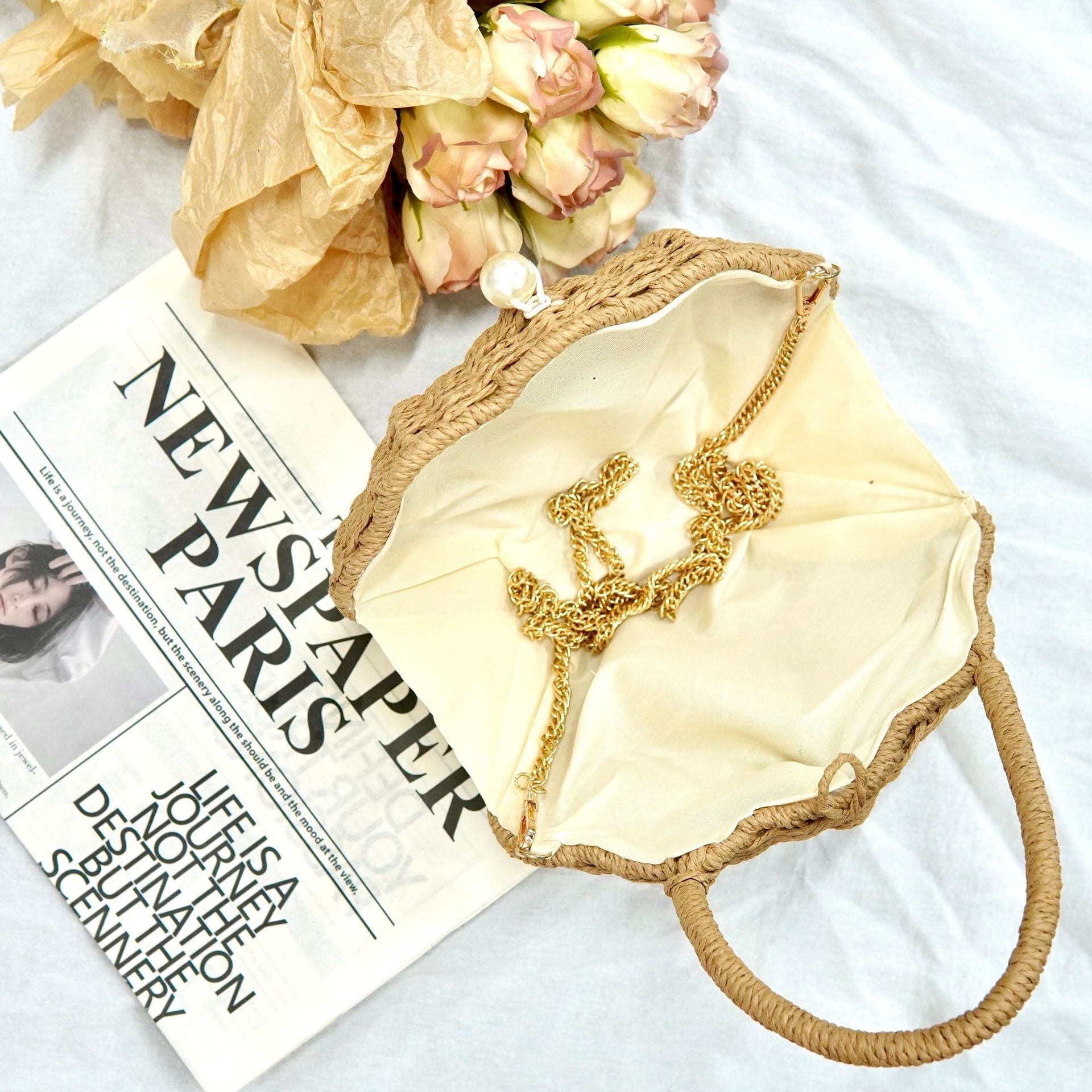 Round Straw Beach Bag - Handwoven Round Tote, Two - Way Handheld Shoulder Purse, Paper Rope Casual Bag - WIVAStore
