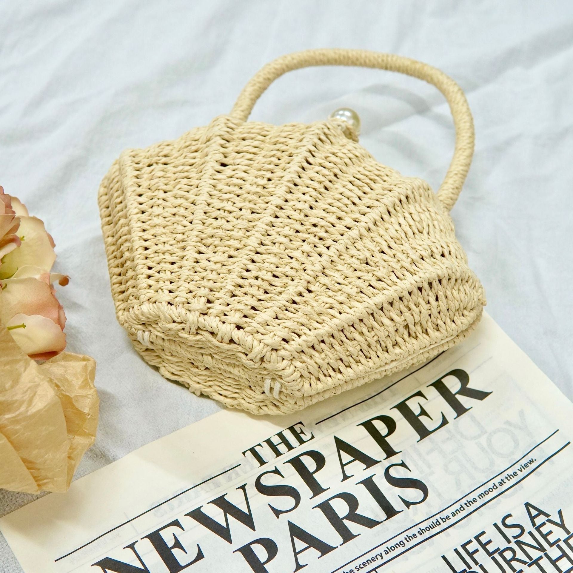 Round Straw Beach Bag - Handwoven Round Tote, Two - Way Handheld Shoulder Purse, Paper Rope Casual Bag - WIVAStore
