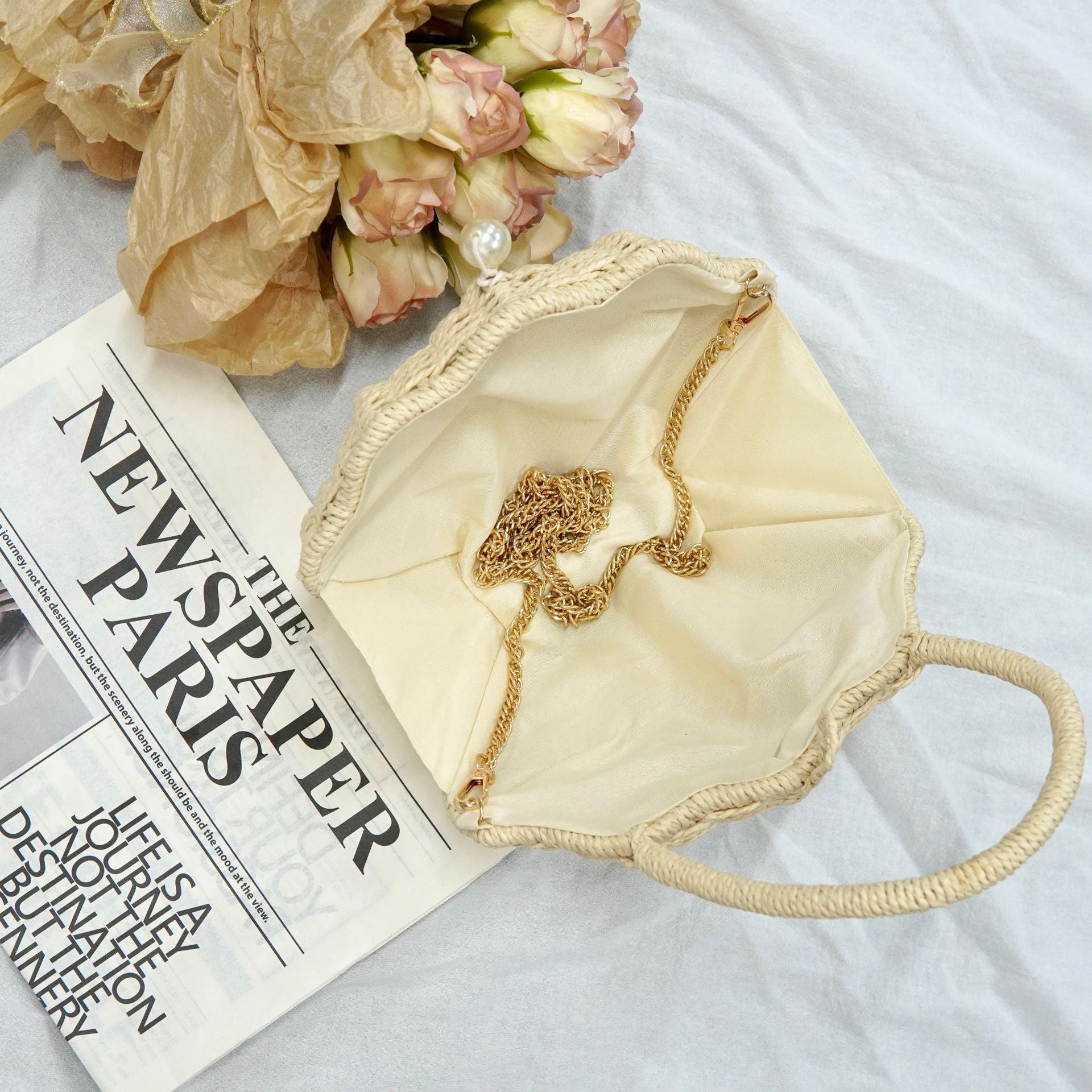 Round Straw Beach Bag - Handwoven Round Tote, Two - Way Handheld Shoulder Purse, Paper Rope Casual Bag - WIVAStore