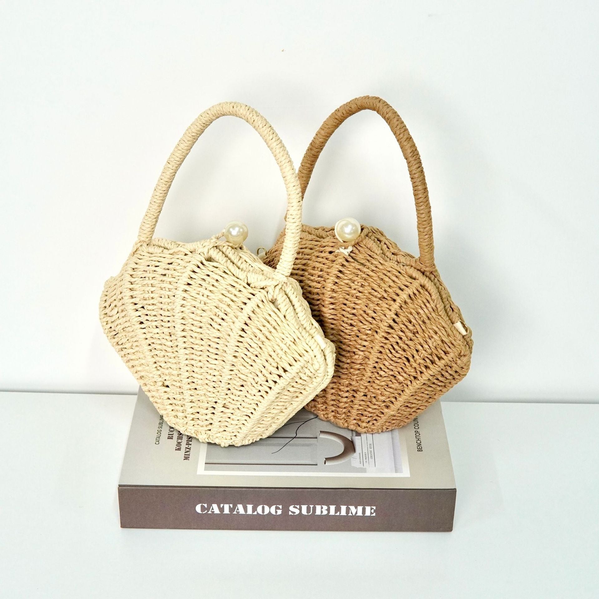 Round Straw Beach Bag - Handwoven Round Tote, Two - Way Handheld Shoulder Purse, Paper Rope Casual Bag - WIVAStore