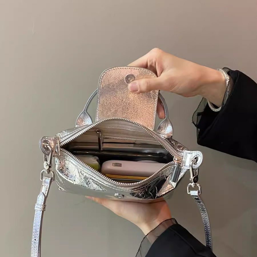 Spring and summer burst metallic mini tote bag, mini shoulder bag with crossbody strap, silver mini tote bag versatile women's bag - WIVAStore
