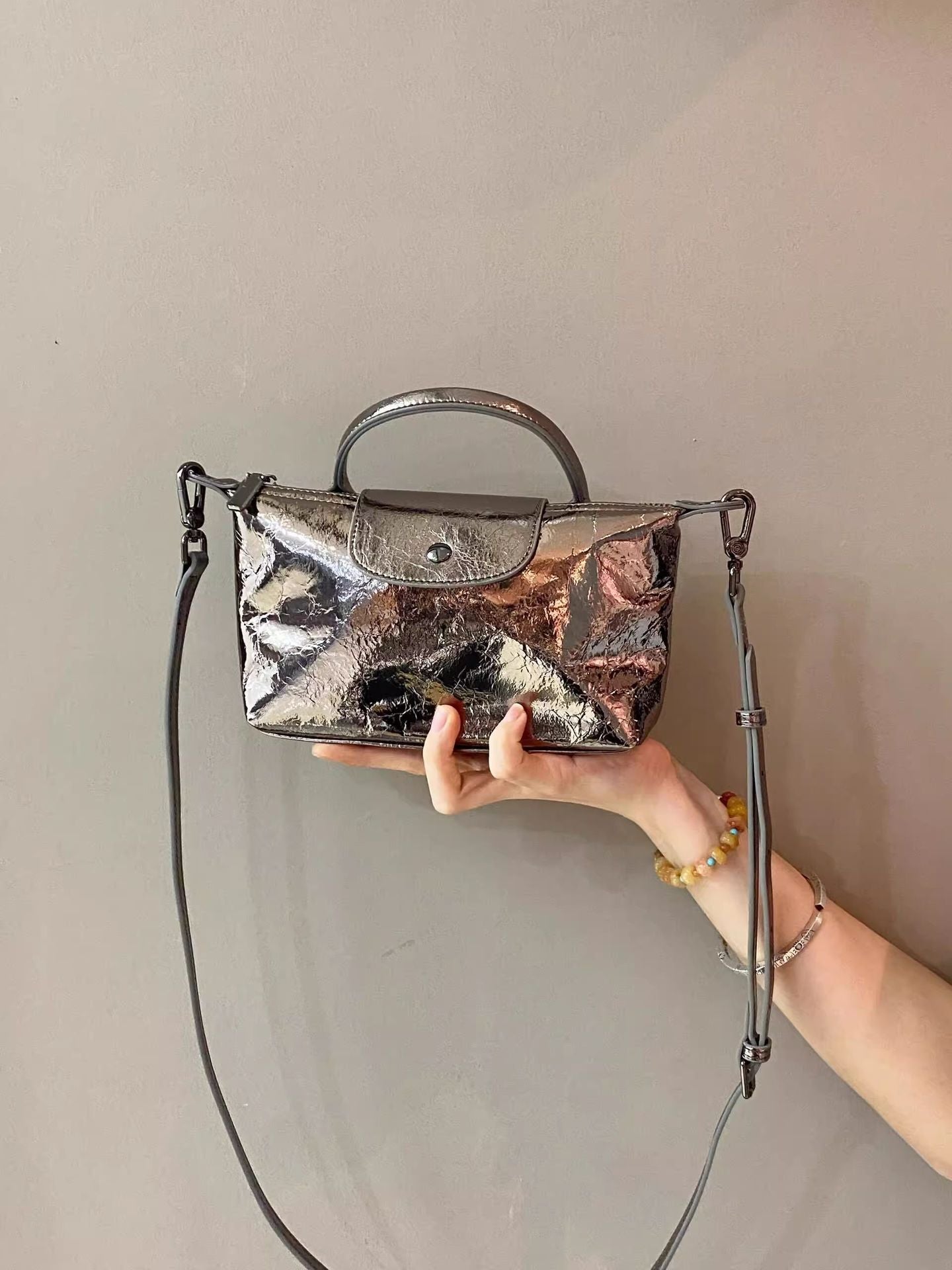 Spring and summer burst metallic mini tote bag, mini shoulder bag with crossbody strap, silver mini tote bag versatile women's bag - WIVAStore