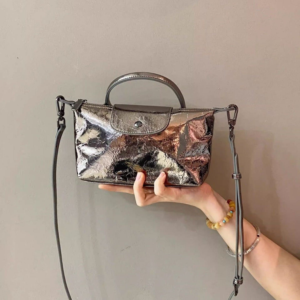 Spring and summer burst metallic mini tote bag, mini shoulder bag with crossbody strap, silver mini tote bag versatile women's bag - WIVAStore
