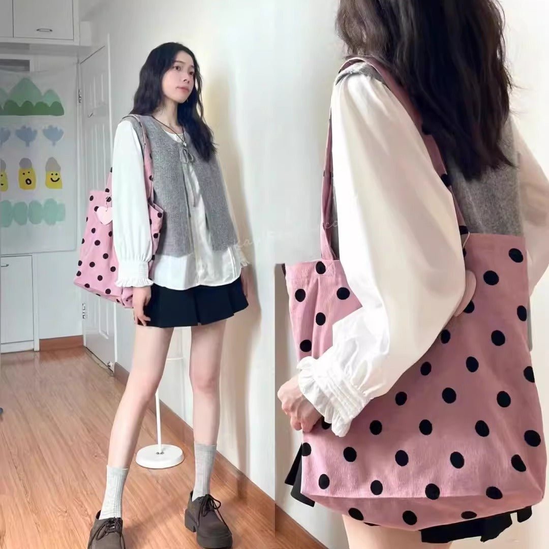 Spring cute polka dot hobo bag, versatile student large capacity shouder tote, design canvas hobo bag - WIVAStore