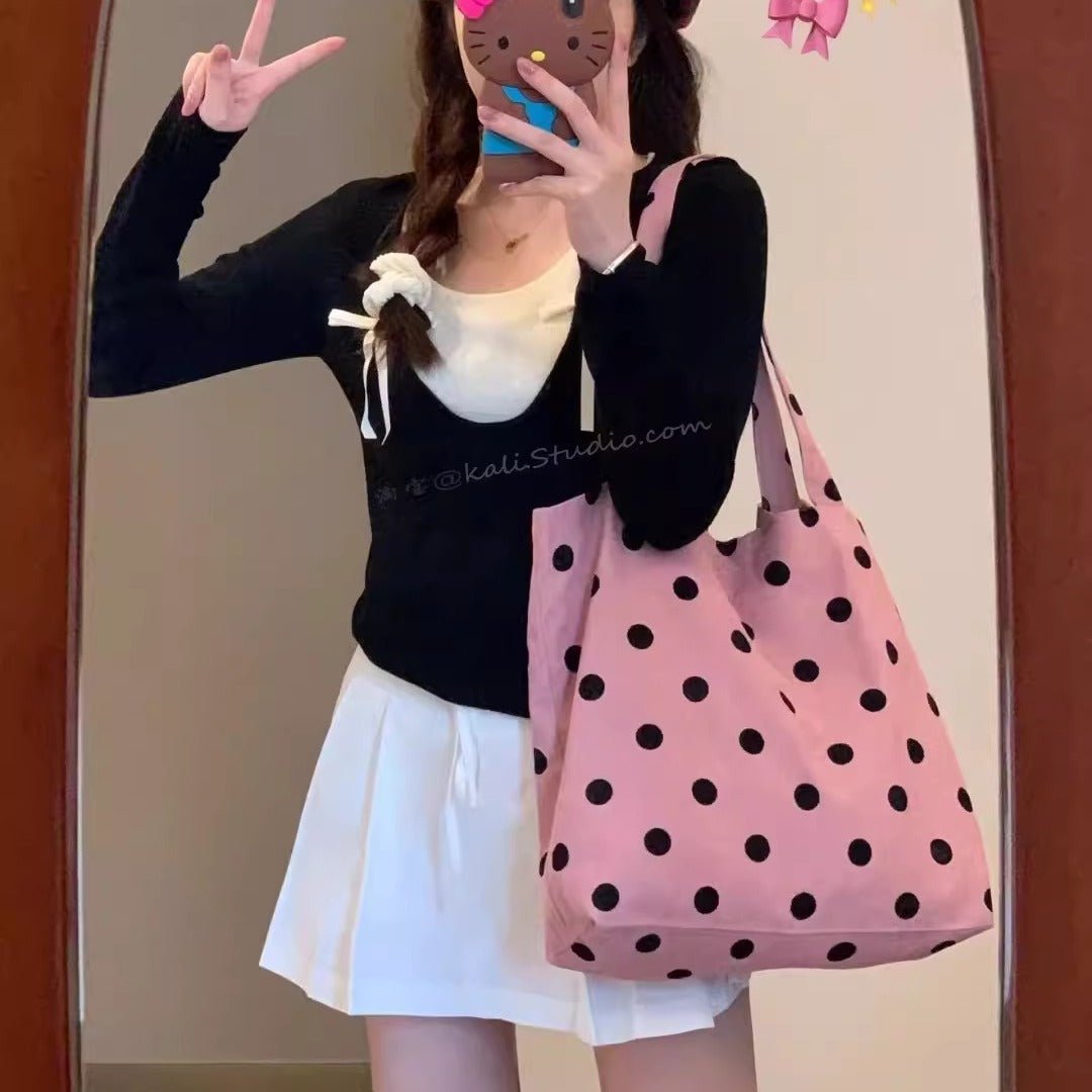 Spring cute polka dot hobo bag, versatile student large capacity shouder tote, design canvas hobo bag - WIVAStore