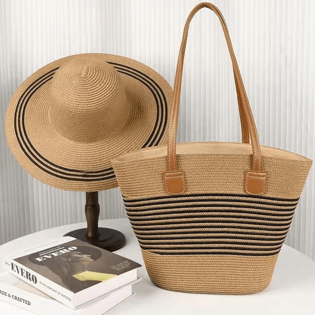 Straw Hat & Tote Set – Beach Vacation Sun Protection Duo, Large Capacity Travel Tote - WIVAStore