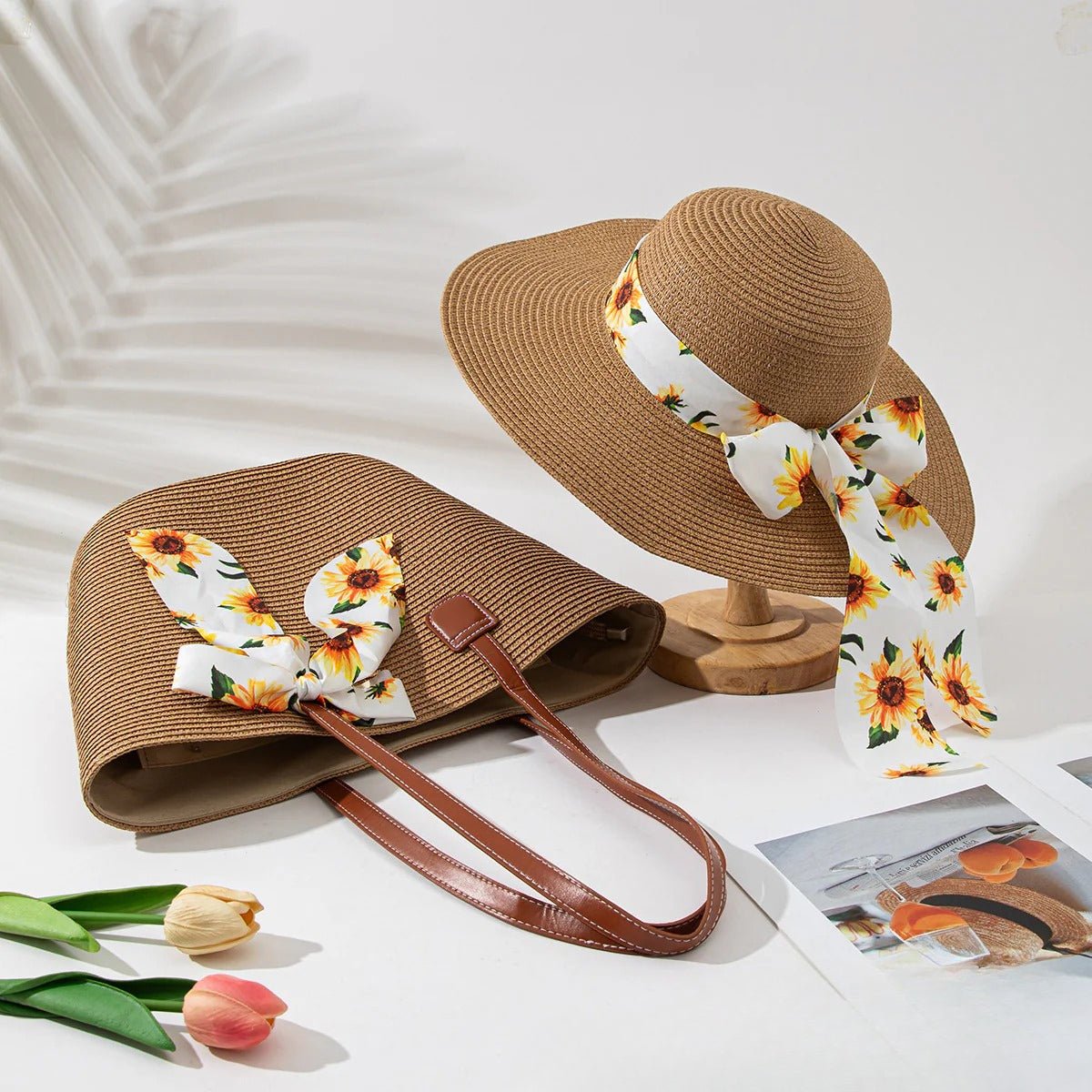 Straw Hat & Tote Set – Beach Vacation Sun Protection Duo, Large Capacity Travel Tote - WIVAStore