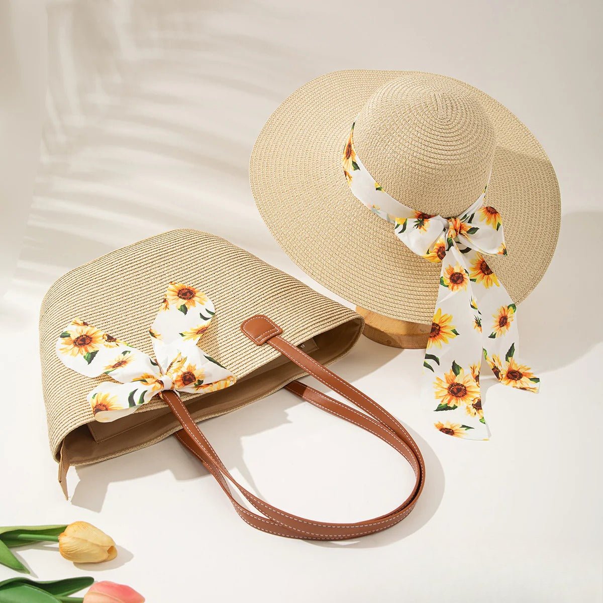 Straw Hat & Tote Set – Beach Vacation Sun Protection Duo, Large Capacity Travel Tote - WIVAStore