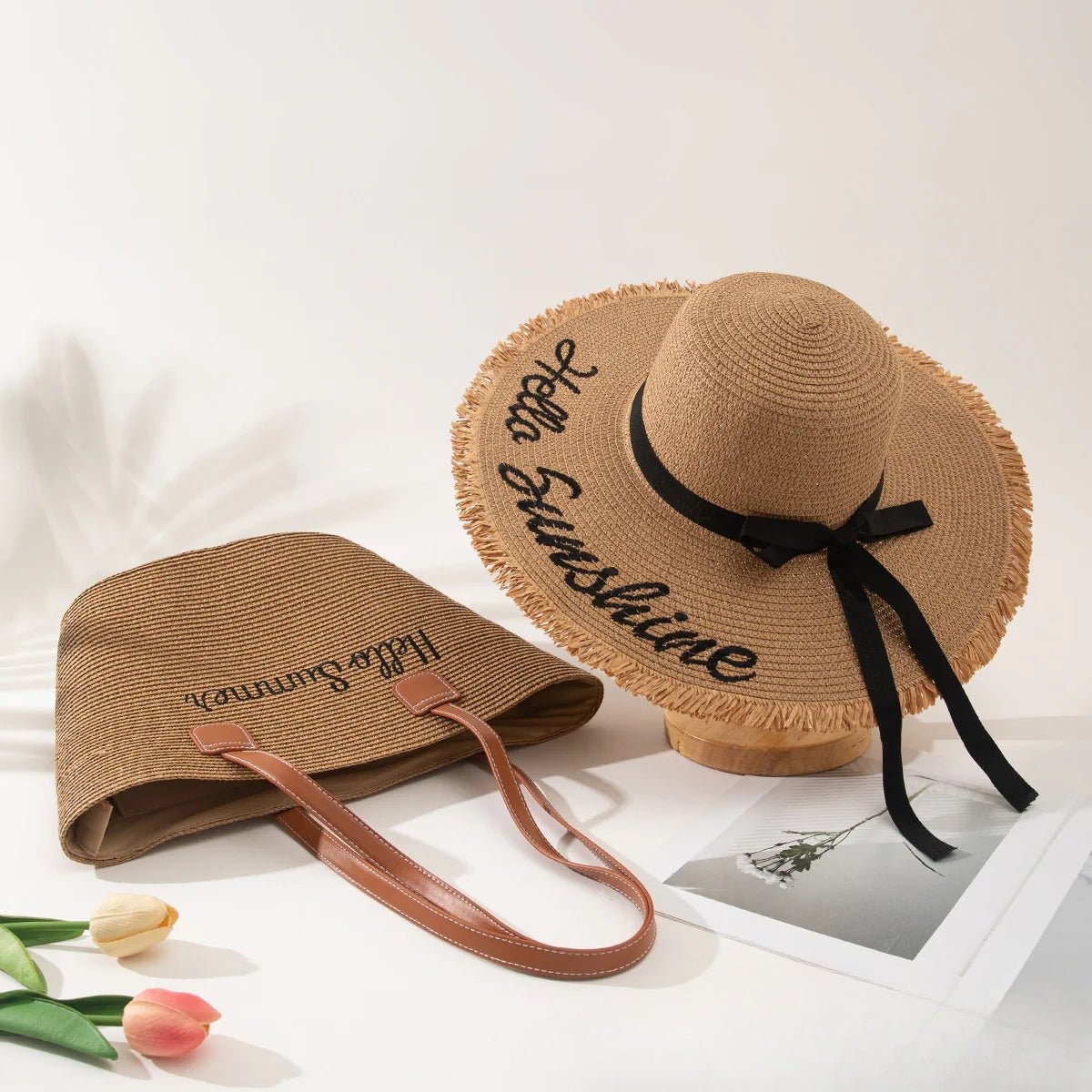 Straw Hat & Tote Set – Beach Vacation Sun Protection Duo, Large Capacity Travel Tote - WIVAStore