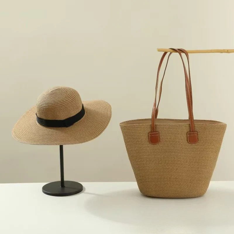 Straw Hat & Tote Set – Beach Vacation Sun Protection Duo, Large Capacity Travel Tote - WIVAStore
