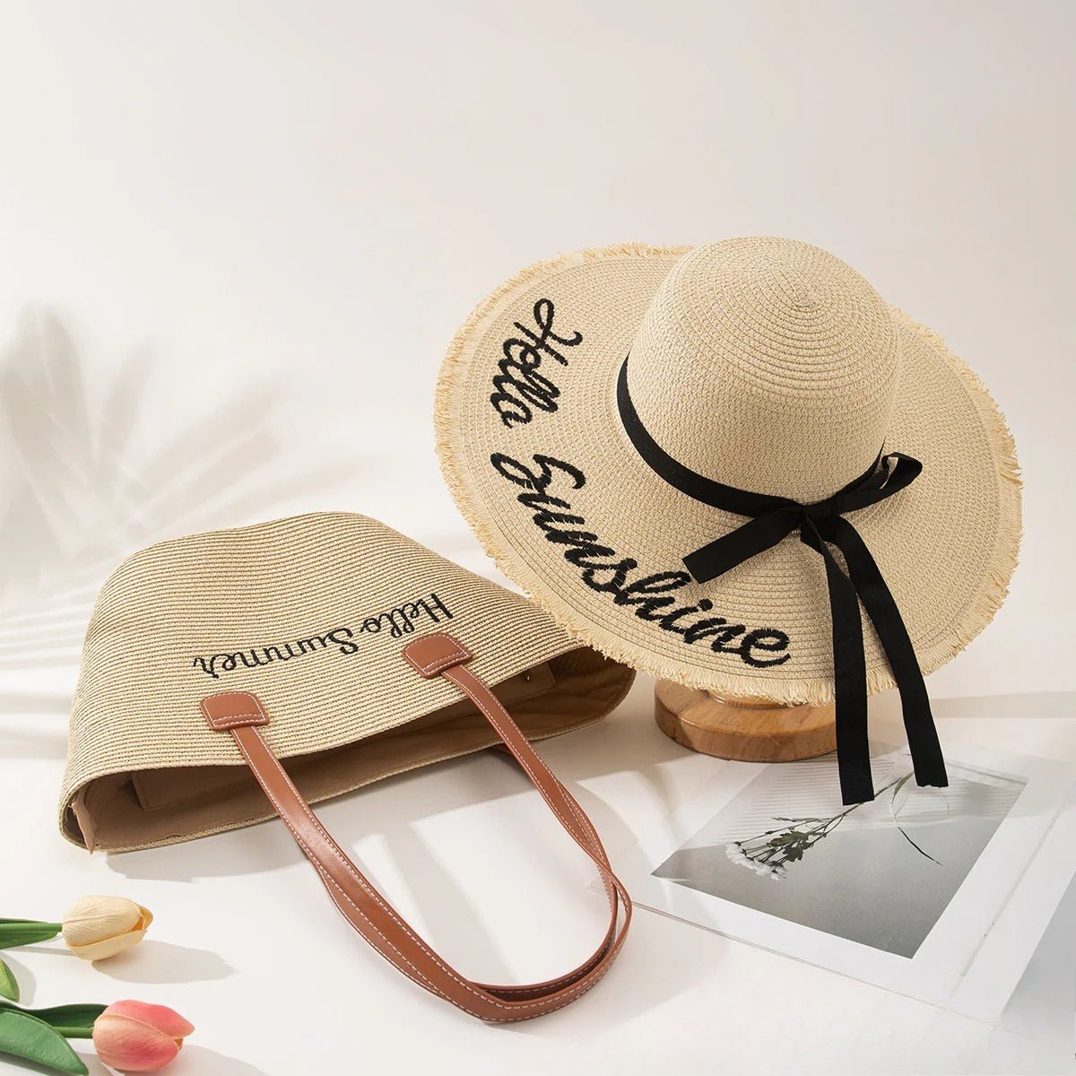 Straw Hat & Tote Set – Beach Vacation Sun Protection Duo, Large Capacity Travel Tote - WIVAStore