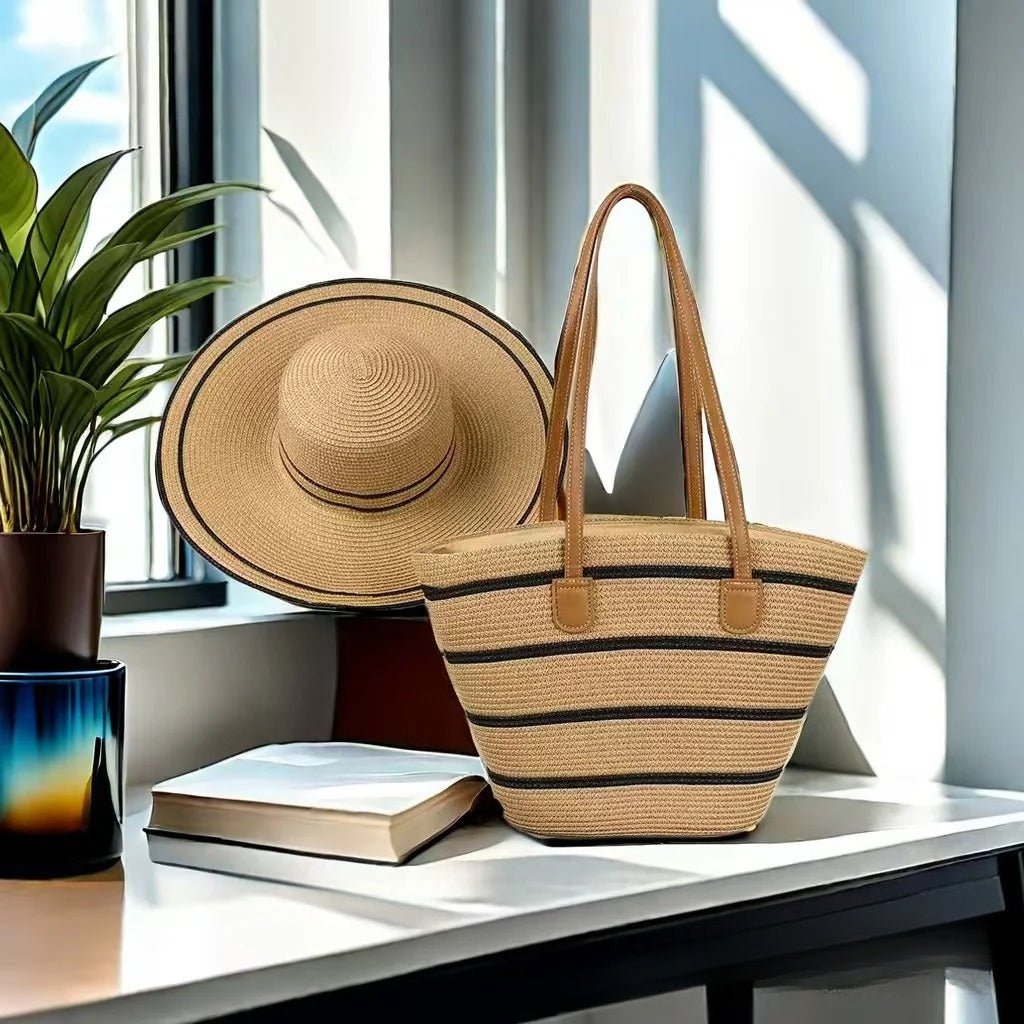 Straw Hat & Tote Set – Beach Vacation Sun Protection Duo, Large Capacity Travel Tote - WIVAStore