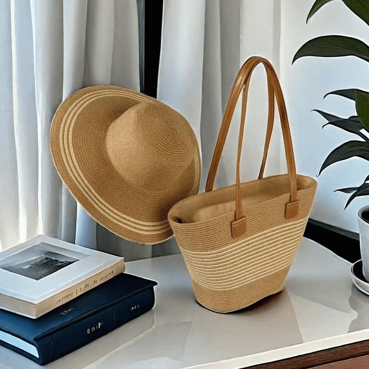 Straw Hat & Tote Set – Beach Vacation Sun Protection Duo, Large Capacity Travel Tote - WIVAStore
