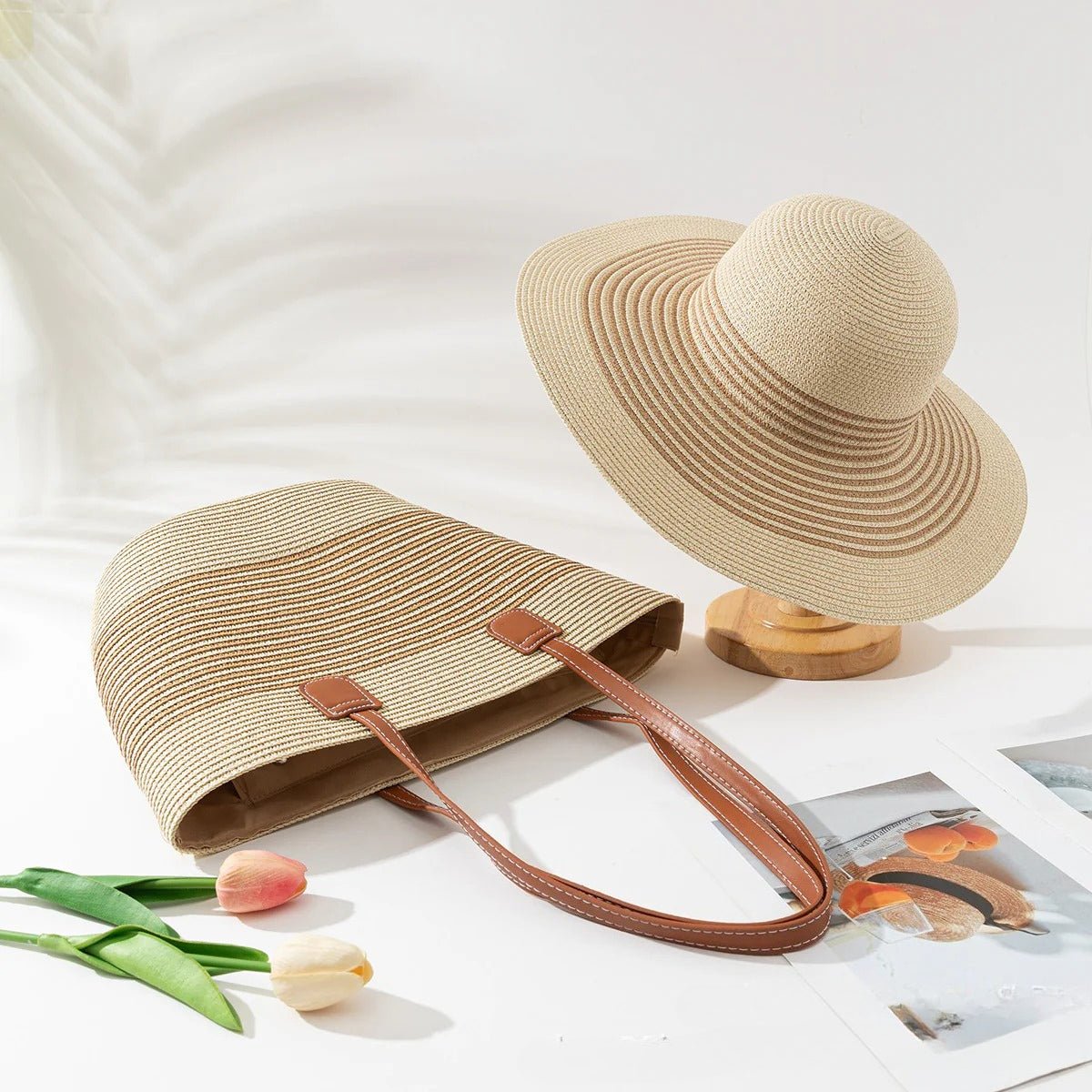 Straw Hat & Tote Set – Beach Vacation Sun Protection Duo, Large Capacity Travel Tote - WIVAStore