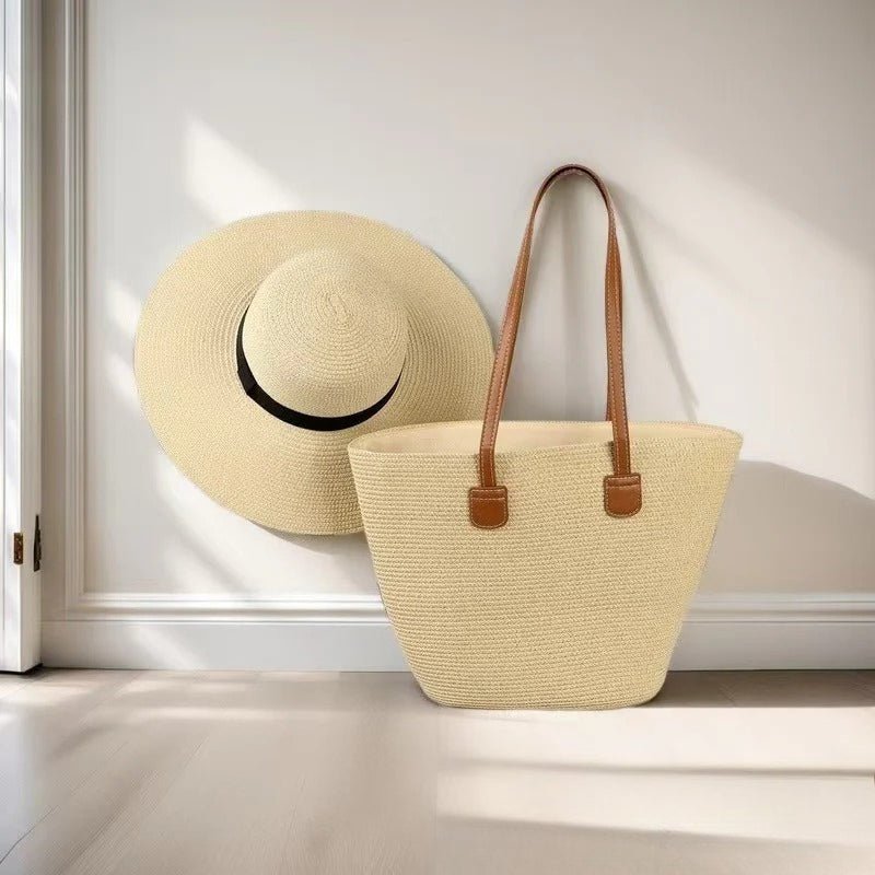 Straw Hat & Tote Set – Beach Vacation Sun Protection Duo, Large Capacity Travel Tote - WIVAStore