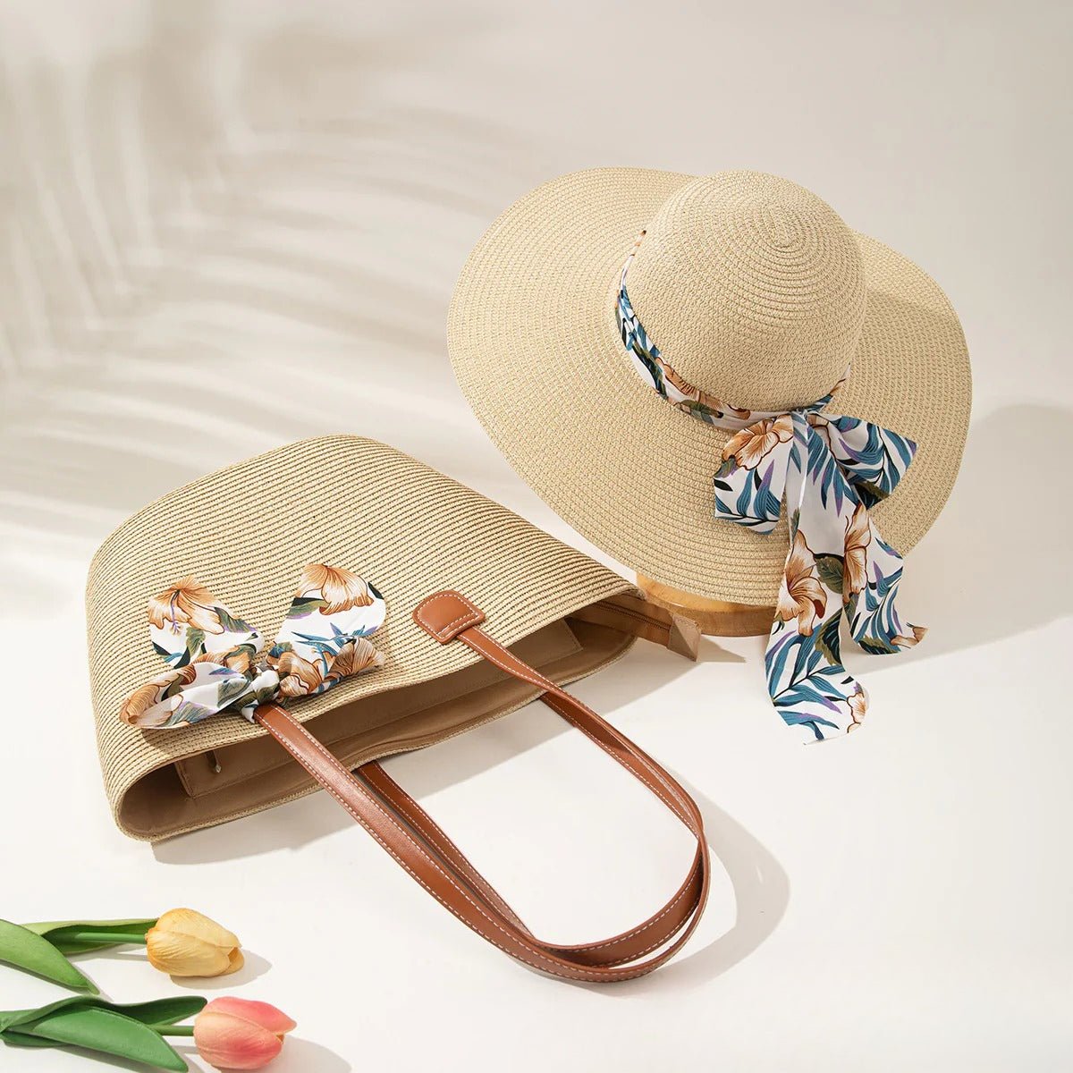 Straw Hat & Tote Set – Beach Vacation Sun Protection Duo, Large Capacity Travel Tote - WIVAStore