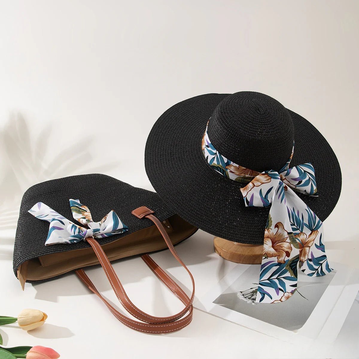 Straw Hat & Tote Set – Beach Vacation Sun Protection Duo, Large Capacity Travel Tote - WIVAStore