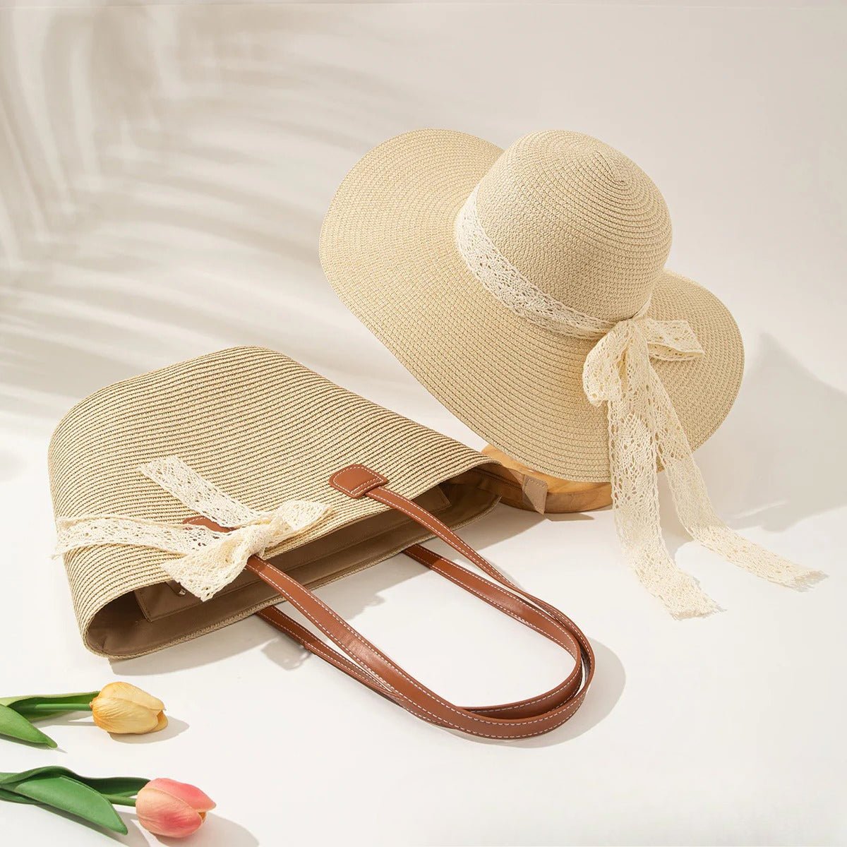 Straw Hat & Tote Set – Beach Vacation Sun Protection Duo, Large Capacity Travel Tote - WIVAStore
