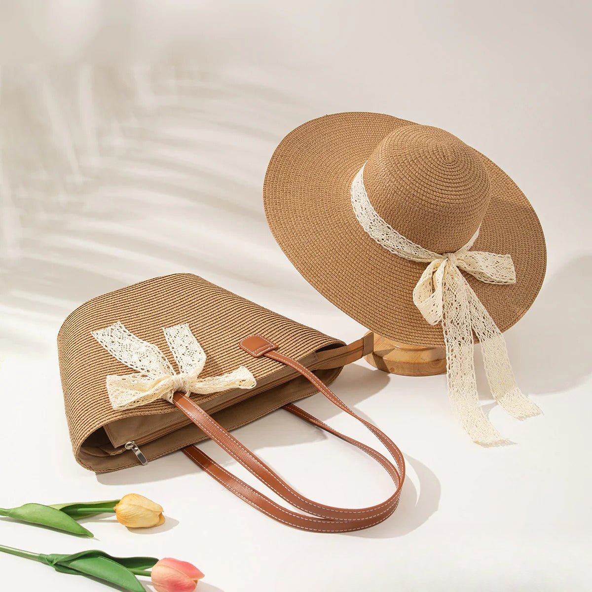 Straw Hat & Tote Set – Beach Vacation Sun Protection Duo, Large Capacity Travel Tote - WIVAStore